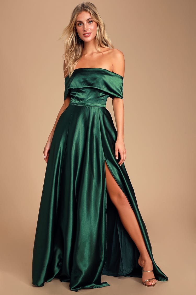 Poofy Green Dress - Satin Maxi Dress - Off-the-Shoulder Dress - Lulus