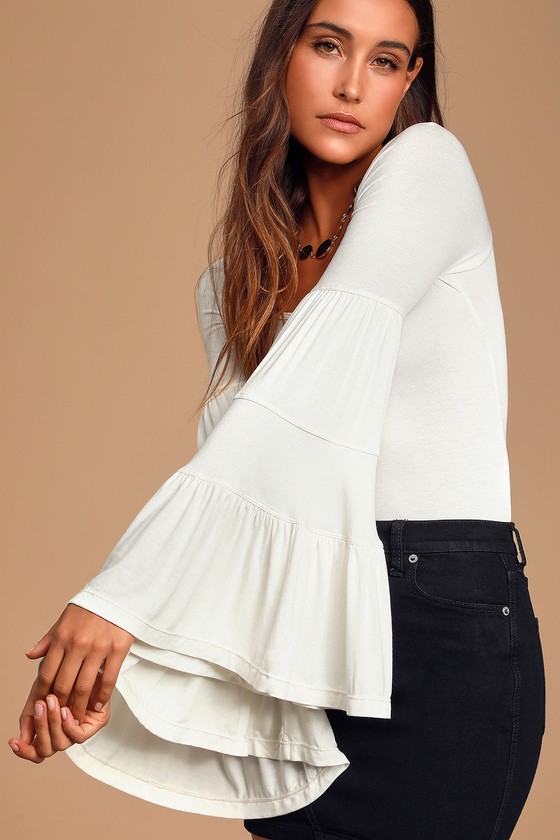 Free People Babetown - Ivory Bell Sleeve Top - Ivory Blouse - Lulus