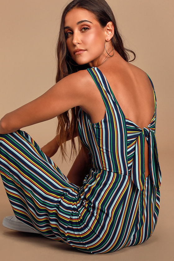 Navy Blue Multi Striped Jumpsuit Culotte Jumpsuit Jumpsuit Lulus