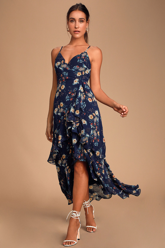 Pretty Navy Blue Dress - Surplice Maxi - Blue Floral Print Dress - Lulus