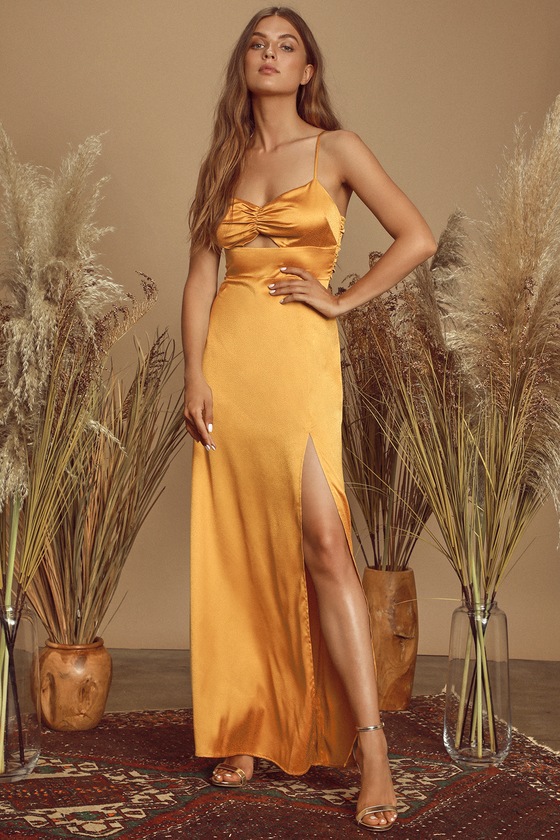 Sexy Golden Yellow Dress Satin Dress Ruched Maxi Dress Gown Lulus 
