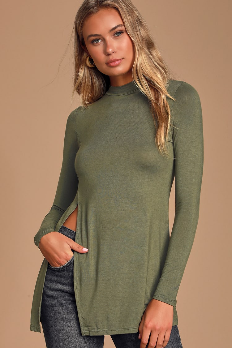Lovely Olive Green Top - Long Sleeve Top - Mock Neck Top - Lulus