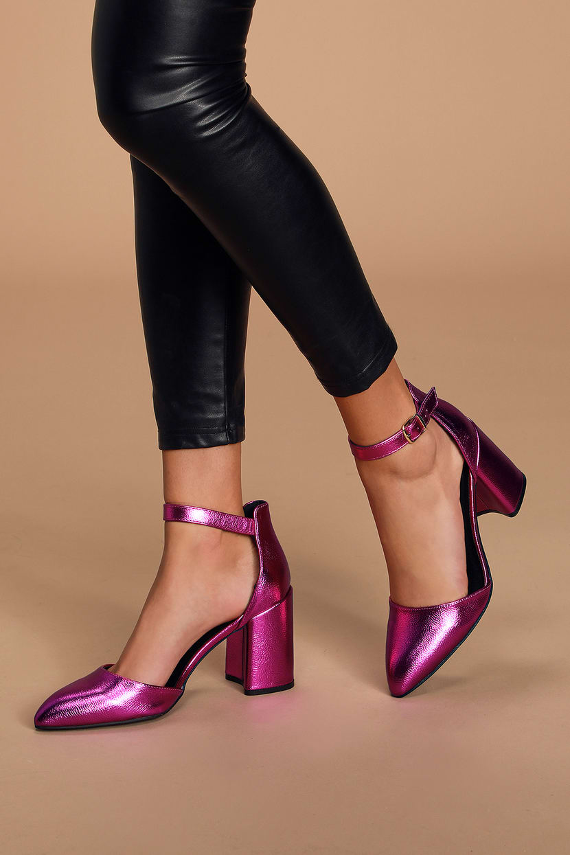 Pink Metallic Heels - Ankle Strap Heels - Block Heels - Lulus