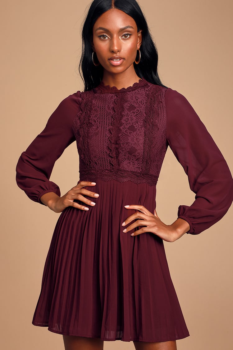 Burgundy Dress - Lace Long Sleeve Dress - Lace Skater Dress - Lulus