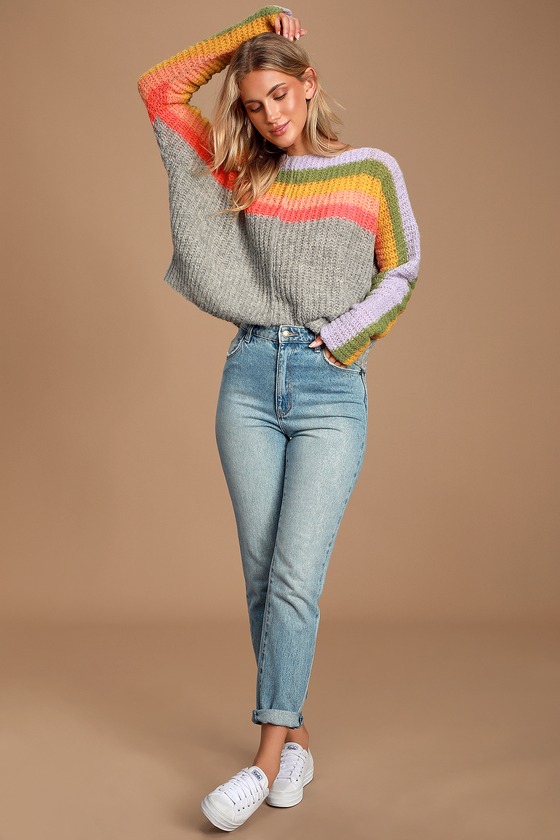 grey sweater with rainbow stripes