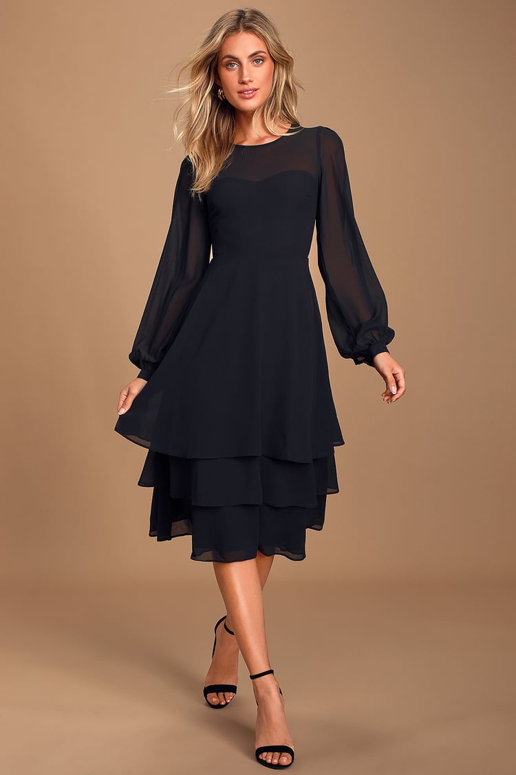 Chic Black Dress - Tiered Midi Dress - Long Sleeve Midi Dress - Lulus
