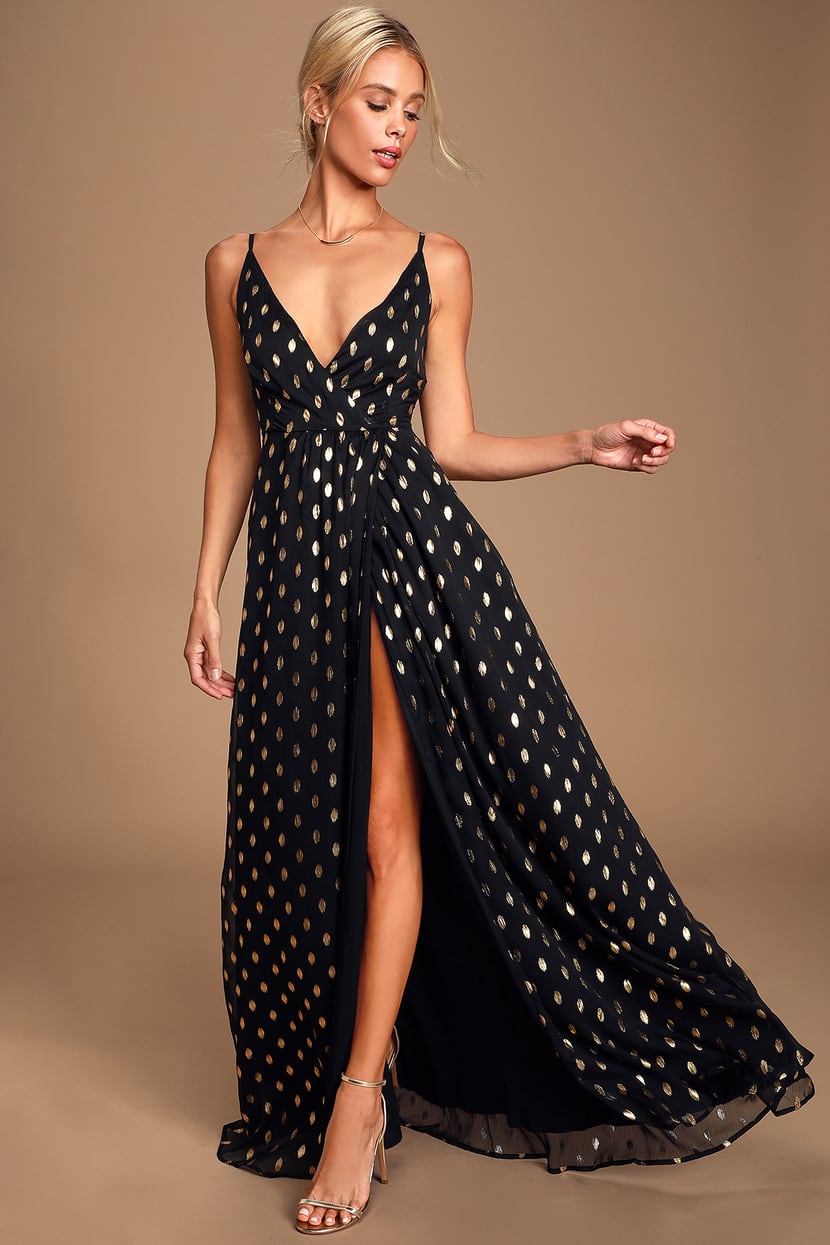 Black and Gold Polka Dot Dress - Maxi Dress - Sleeveless Maxi - Lulus