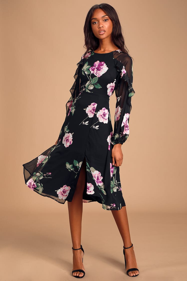 Once and Flor-All Black Floral Print Long Sleeve Midi Dress