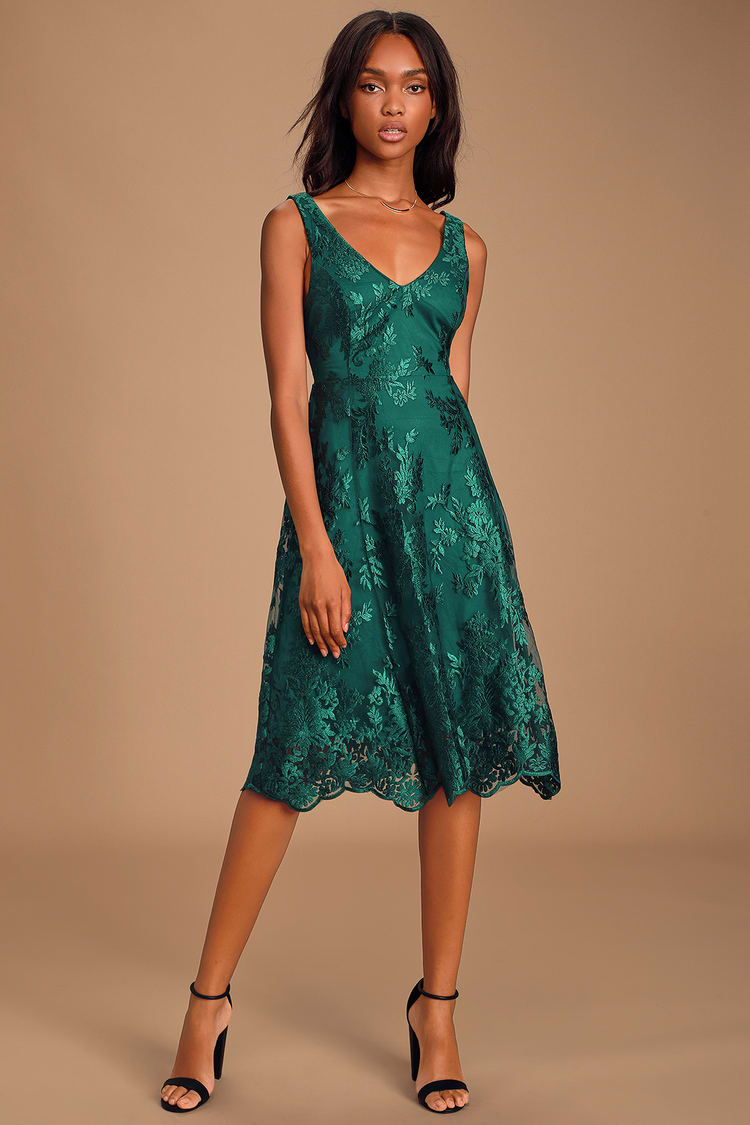 Lovely Forest Green Dress - Embroidered Dress - Midi Dress - Lulus
