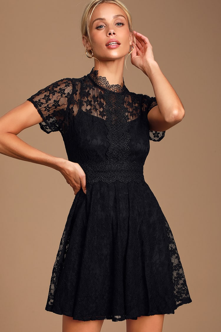 Lovely Black Lace Dress - Mock Neck Mini Dress - Skater Dress - Lulus