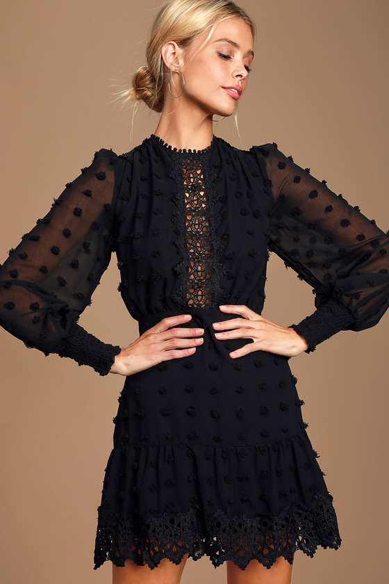 Chic Black Dress - Embroidered Long Sleeve Dress - Ruffled Dress - Lulus