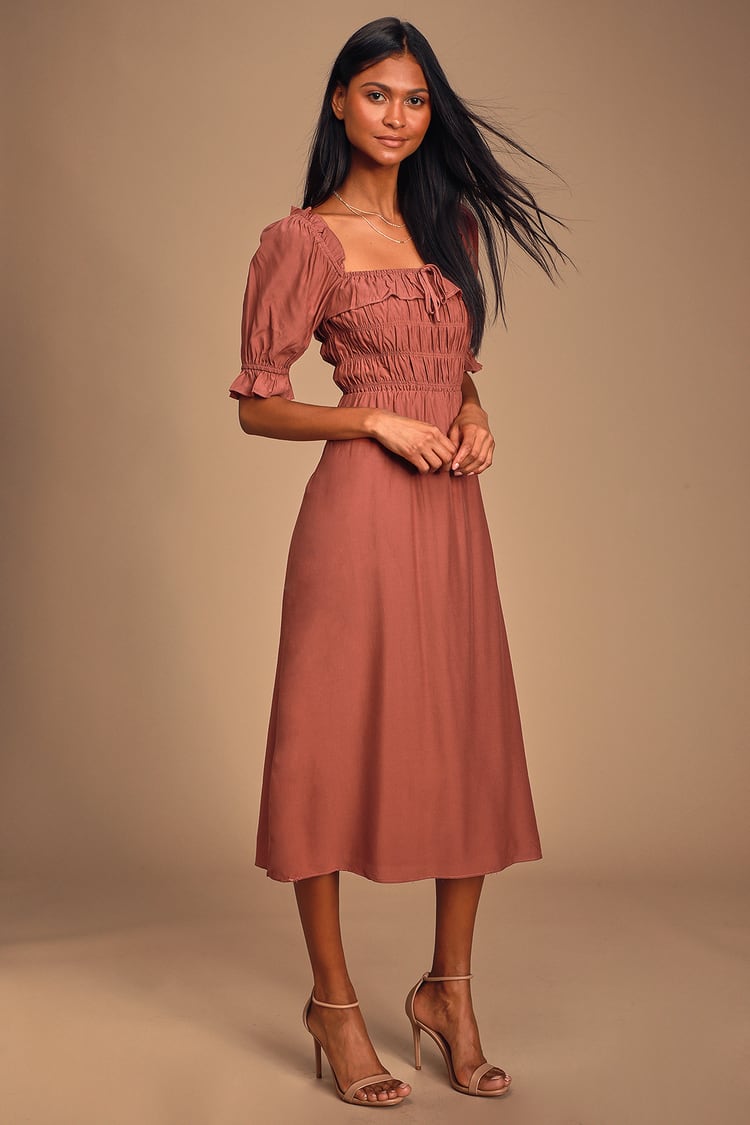 Cute Mauve Midi Dress - Puff Sleeve Dress - Smocked Dress - Dress - Lulus
