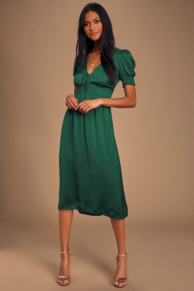 Green Satin Dress - Puff Sleeve Dress - Plunging Midi Dress - Lulus