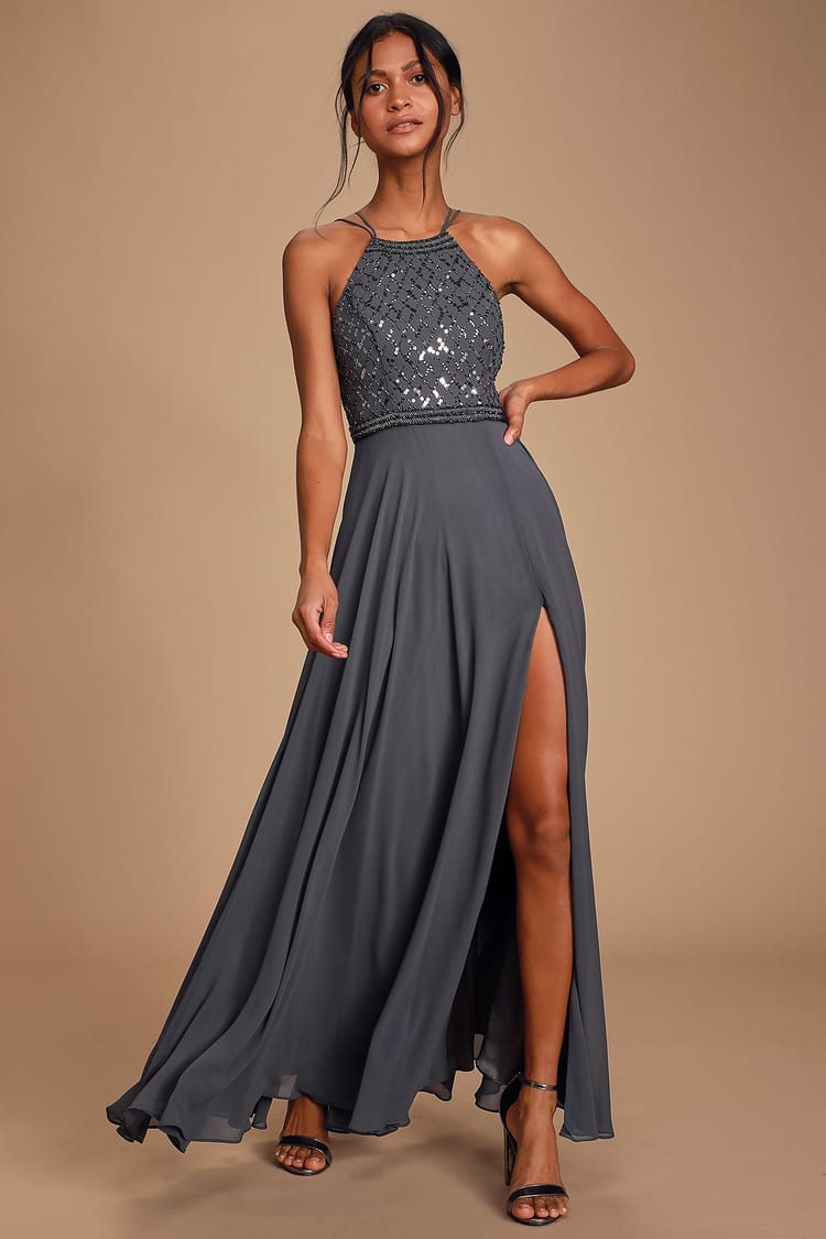 Lovely Charcoal Grey Dress - Maxi Dress - Sequin Dress - Gown - Lulus