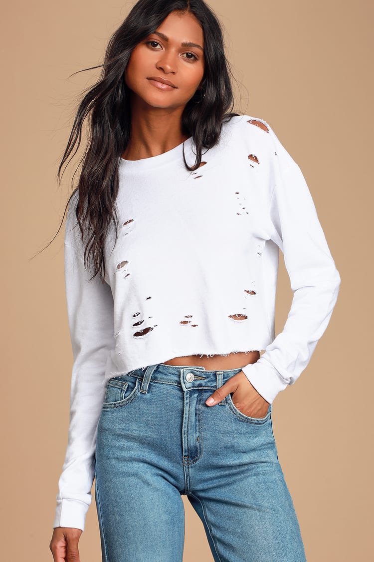 Times Are Changing White Distressed Cropped Sweatshirt