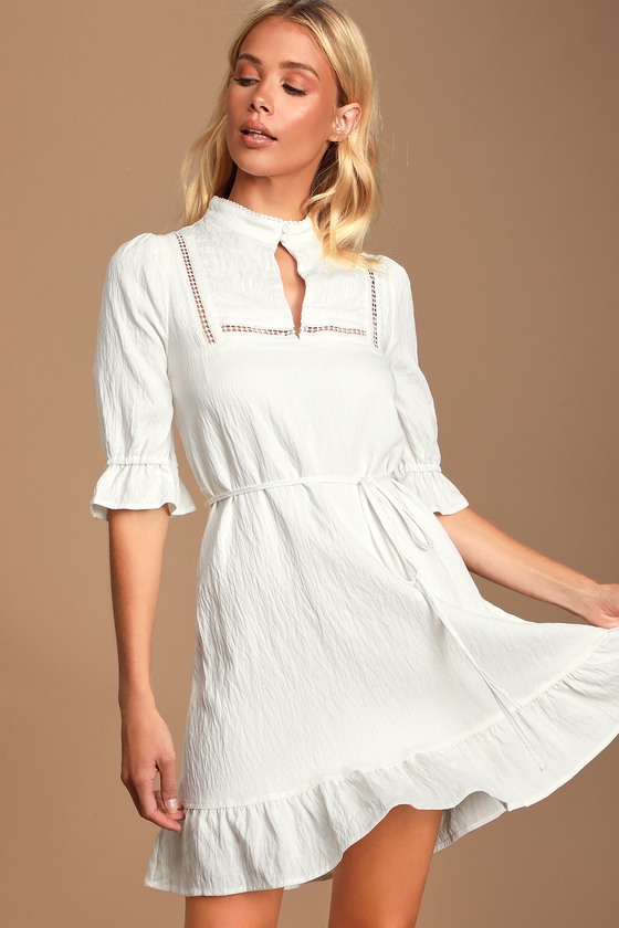 Cute White Mini Dress - Mock Neck Mini Dress - Prairie Dress - Lulus