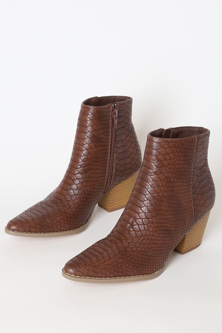 Lulus X Matisse Spirit - Snake Embossed Boots - Brown Booties