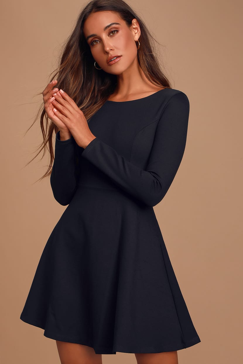 Cute Black Dress - Long Sleeve Dress - Skater Dress - Lulus
