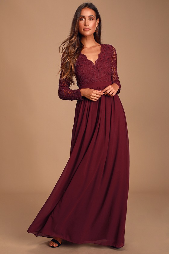 long sleeve long burgundy dress