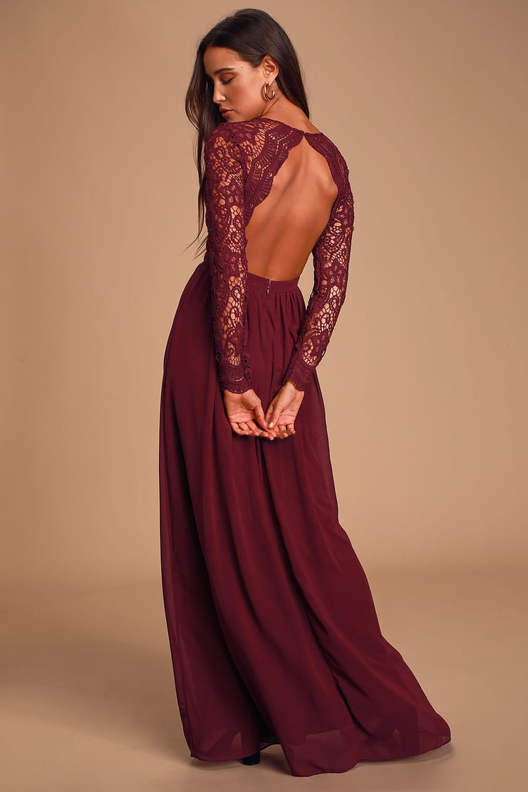 Lovely Burgundy Dress - Lace Maxi Dress - Long Sleeve Dress - Lulus
