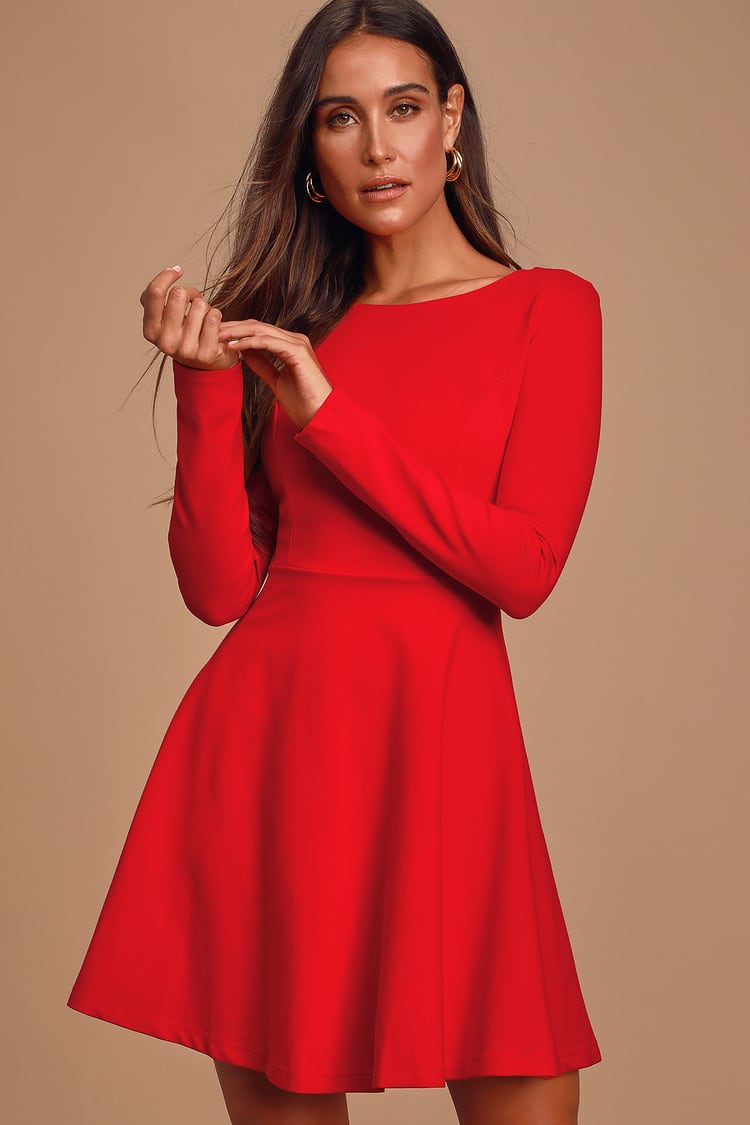 Cute Red Dress - Long Sleeve Dress - Skater Dress - $57.00 - Lulus