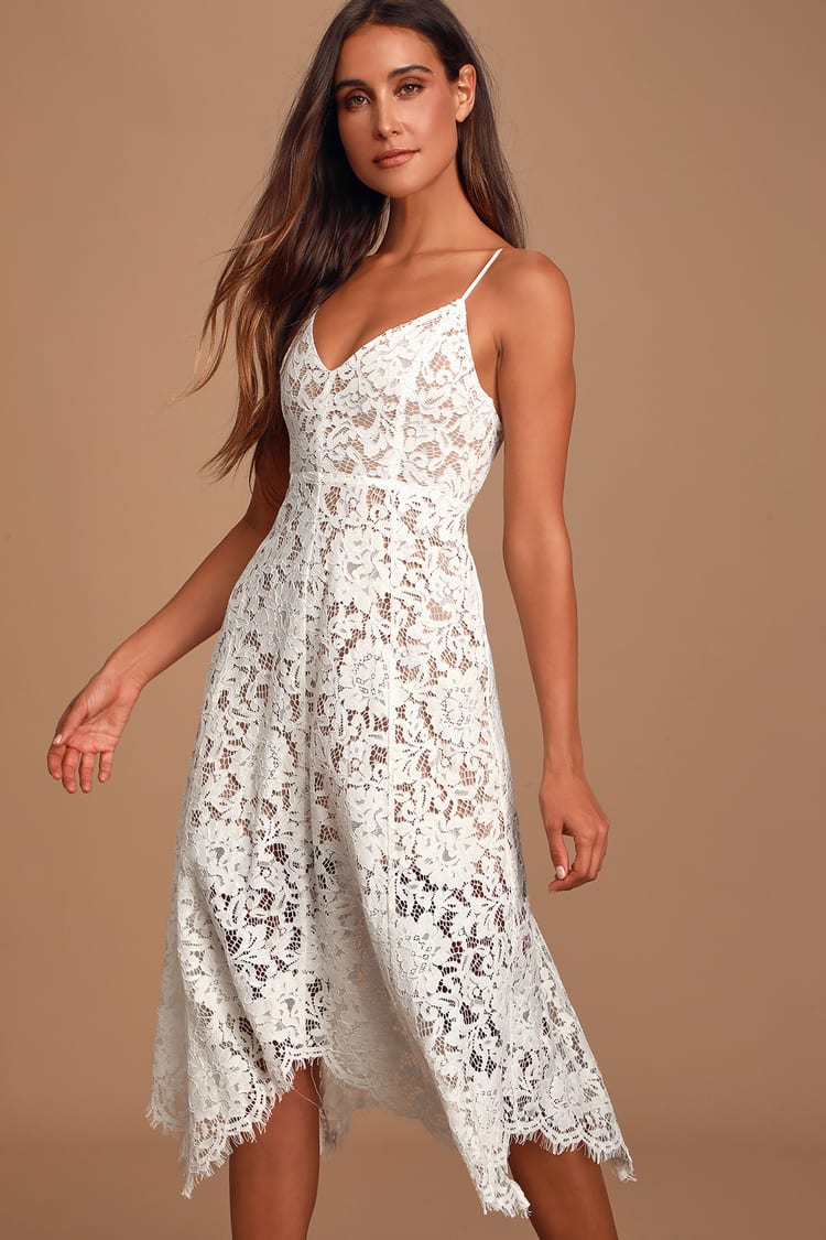 Lovely White Lace Dress -Midi Dress - Handkerchief Hem Dress - Lulus