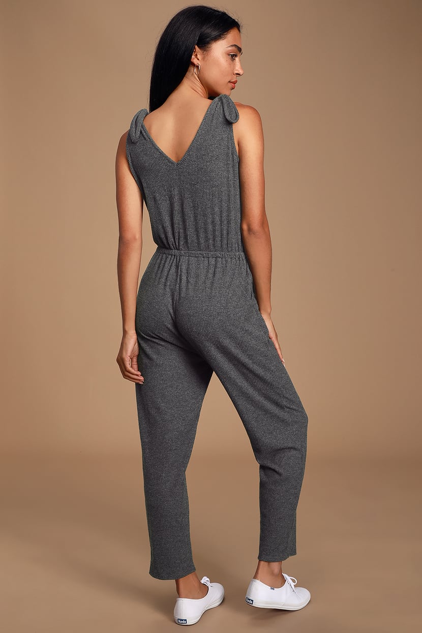 Heathered Grey Jumpsuit - Tie-Strap Jumpsuit - Knit Jumpsuit - Lulus
