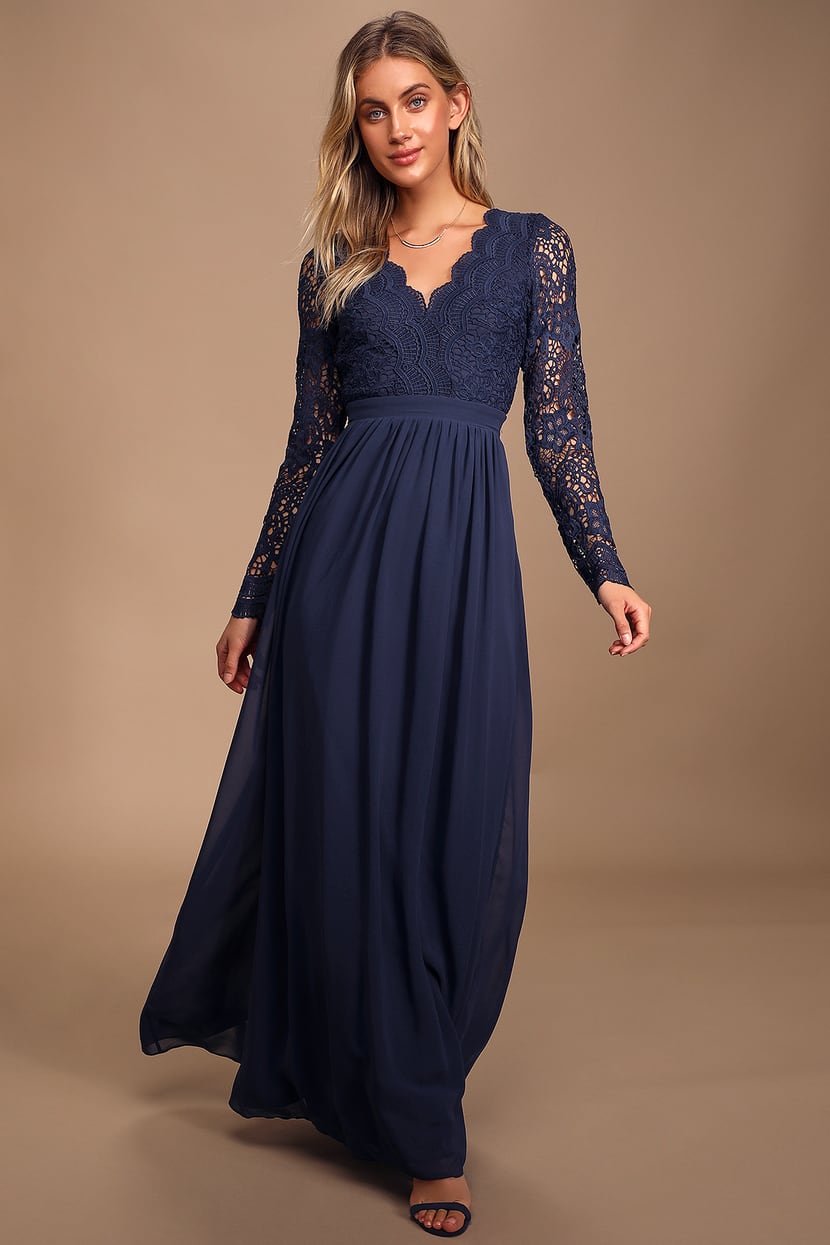 Navy Blue Dress - Maxi Dress - Lace Dress- Long Sleeve Dress - Lulus