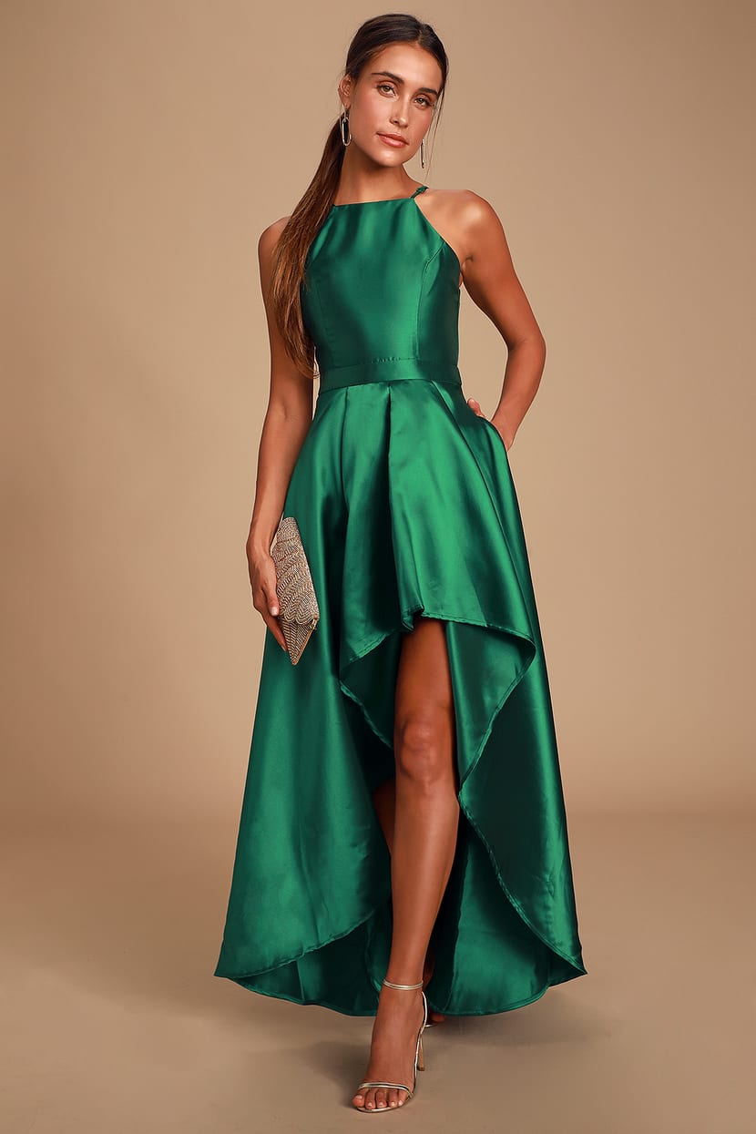 Lovely Emerald Green Dress - High-Low Dress - Satin Gown - Lulus