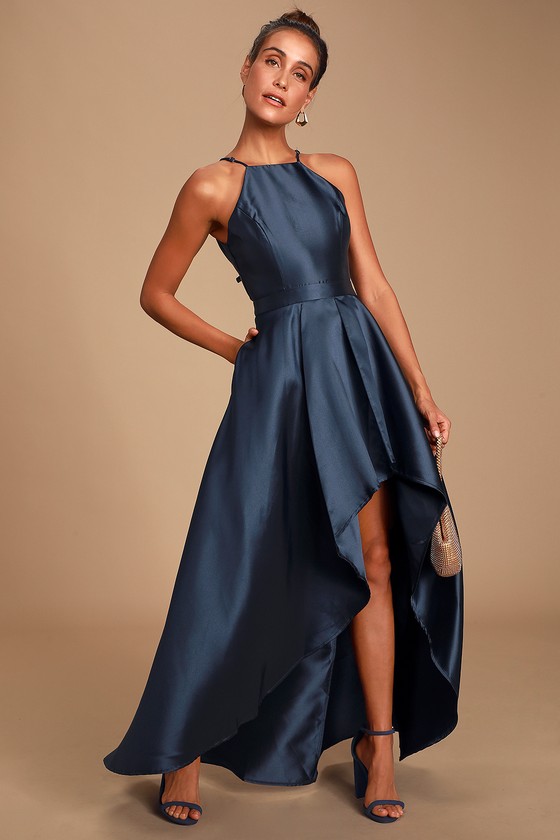Lovely Navy Blue Dress - High-Low Dress - Satin Gown - Lulus