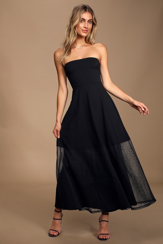 Midnight Ballet Black Strapless Mesh Maxi Dress - Lulus