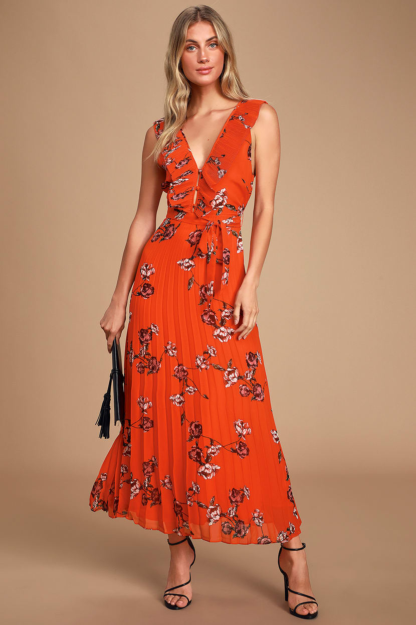 Red Orange Floral Print Dress - Maxi Dress - Pleated Dress - Lulus