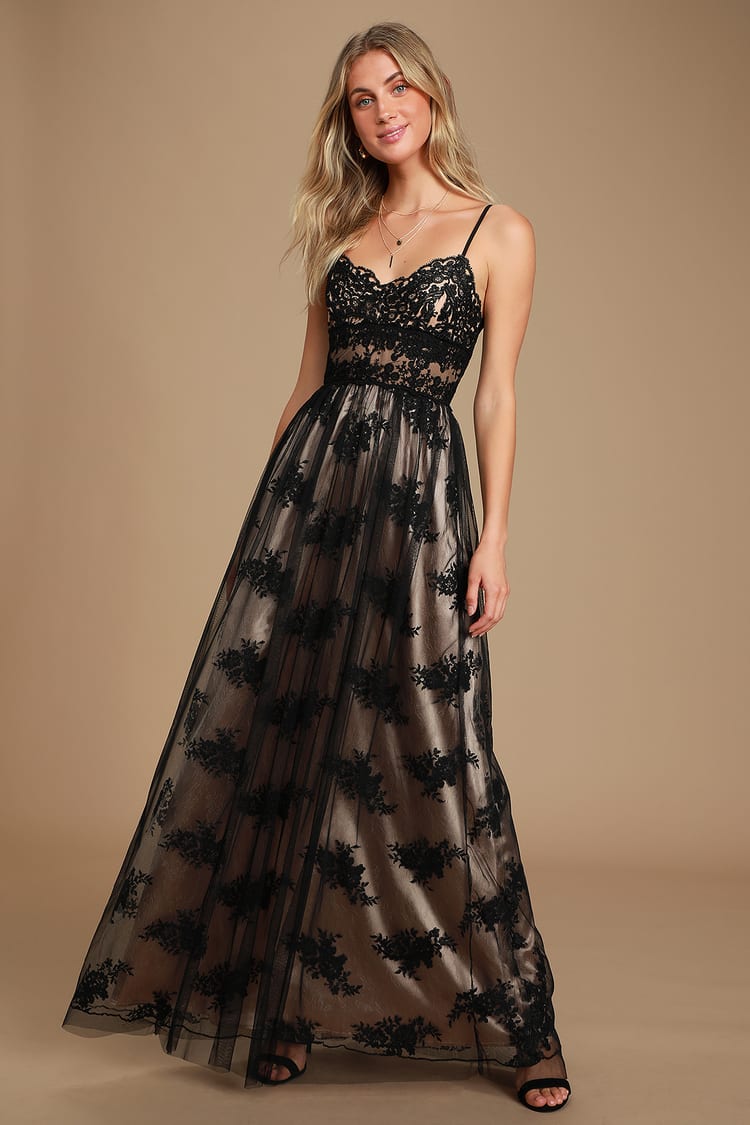Glam Black Dress - Embroidered Maxi Dress - Lace Maxi Dress - Lulus