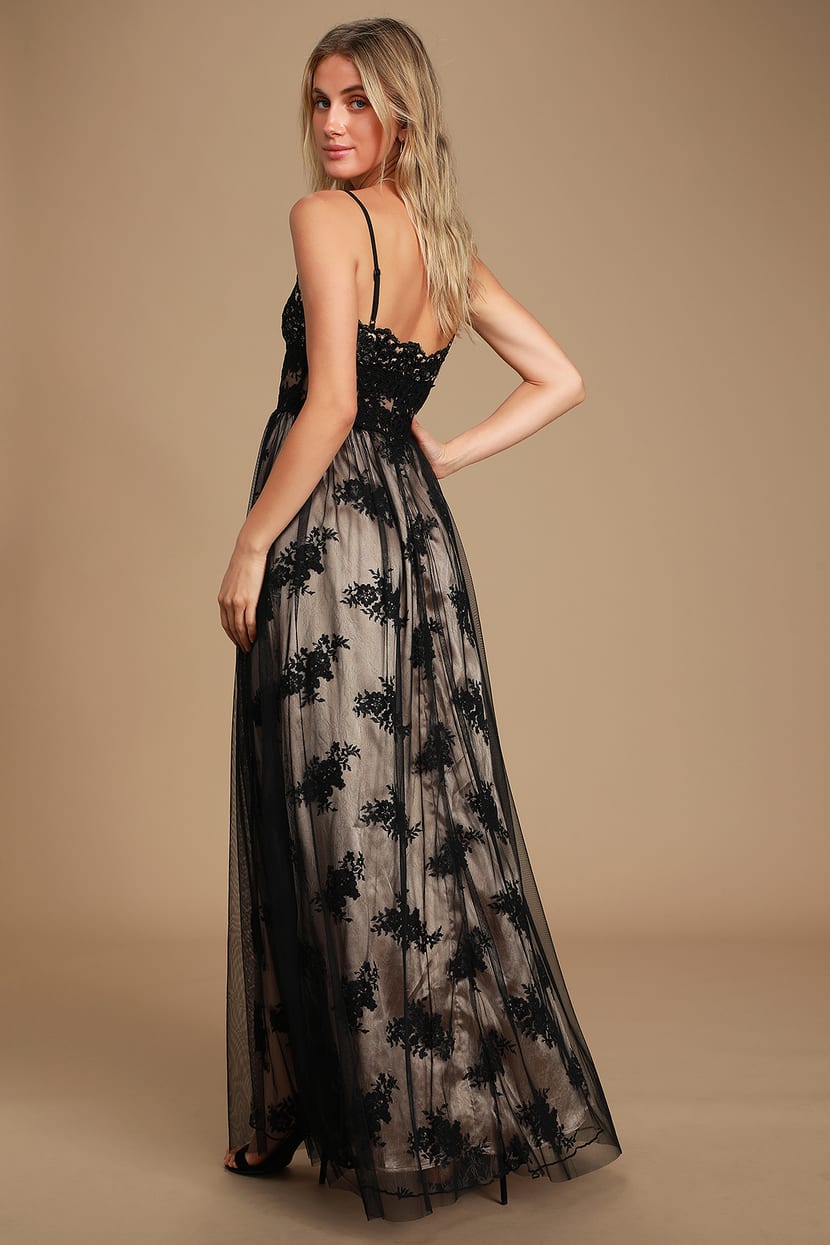 Black Tulle Dress - Embroidered Maxi Dress - Lace-Up Maxi Dress - Lulus