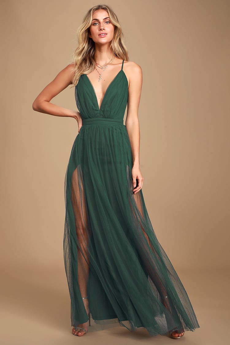 Sexy Green Maxi Dress - Tulle Maxi Dress - Leg Slit Maxi Dress - Lulus