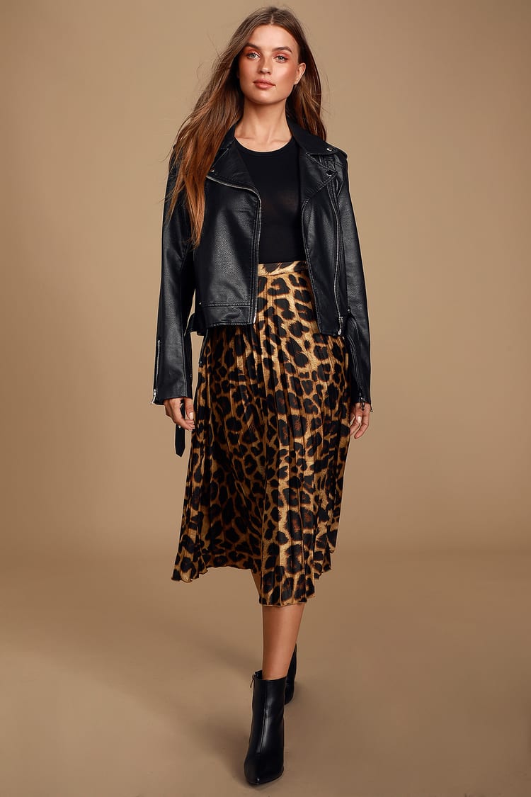 Chic Satin Skirt - Leopard Print Midi Skirt - Pleated Midi Skirt - Lulus