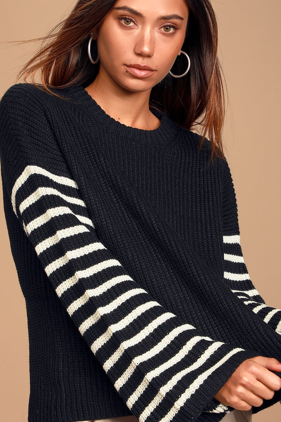 Cute Black Sweater - Bell Sleeve Sweater - Striped Sleeve Sweater - Lulus