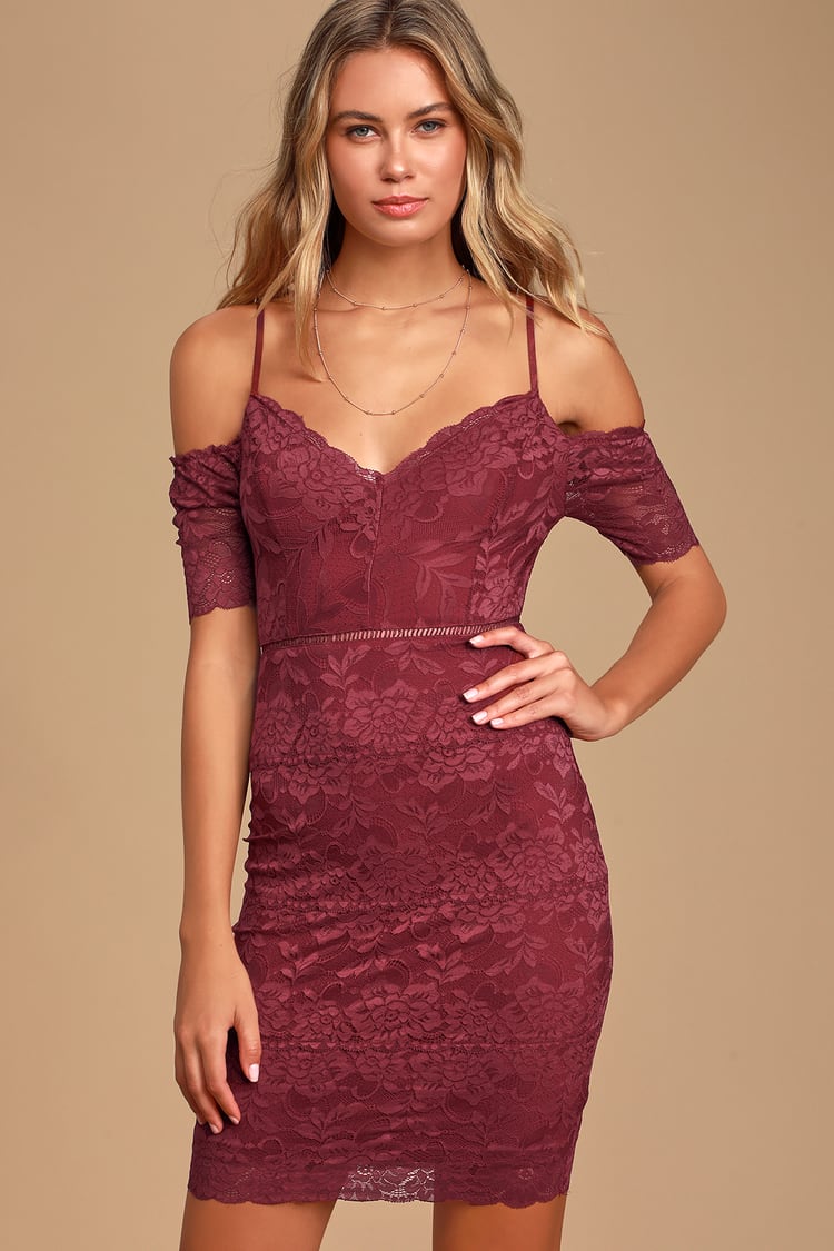 Sexy Wine Lace Dress - Wine Bodycon Dress - Cold Shoulder Dress - Lulus