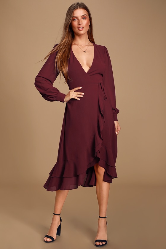 Lovely Burgundy Midi Dress - Wrap Dress - Ruffled Wrap Dress - Lulus
