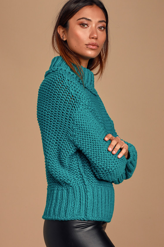 Free People My Only Sunshine - Turquoise Knit Turtleneck Sweater - Lulus