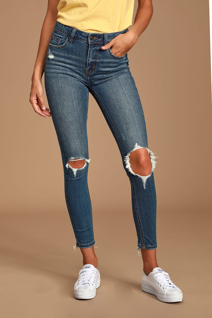 Dark Wash Jeans - High Waisted Jeans - Distressed Skinny Jeans - Lulus