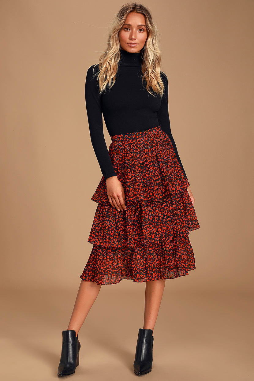 Black and Red Floral Print Skirt - Midi Skirt - Tiered Skirt - Lulus