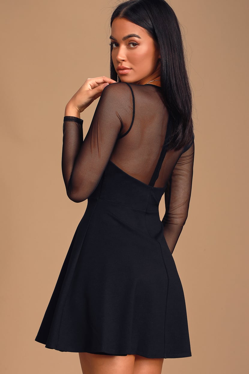 Chic Black Dress - Long Sleeve Skater Dress - Sheer Mesh Dress - Lulus