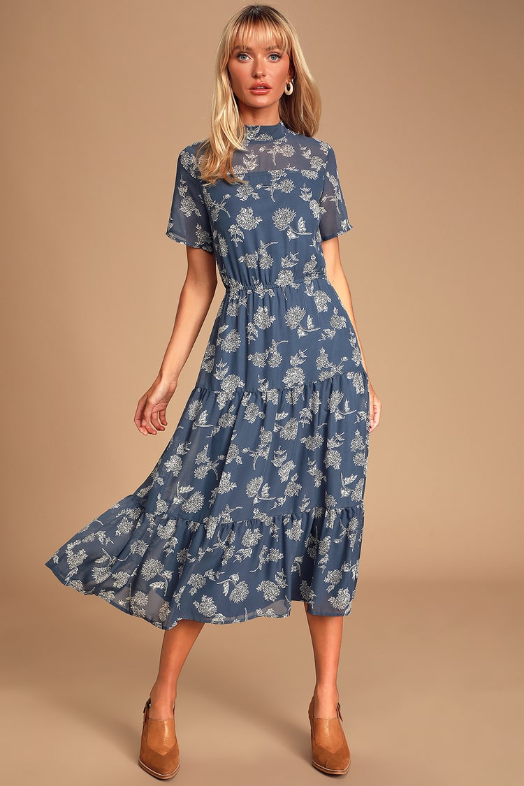 Dusty Blue Floral Print - Midi Dress - Short -