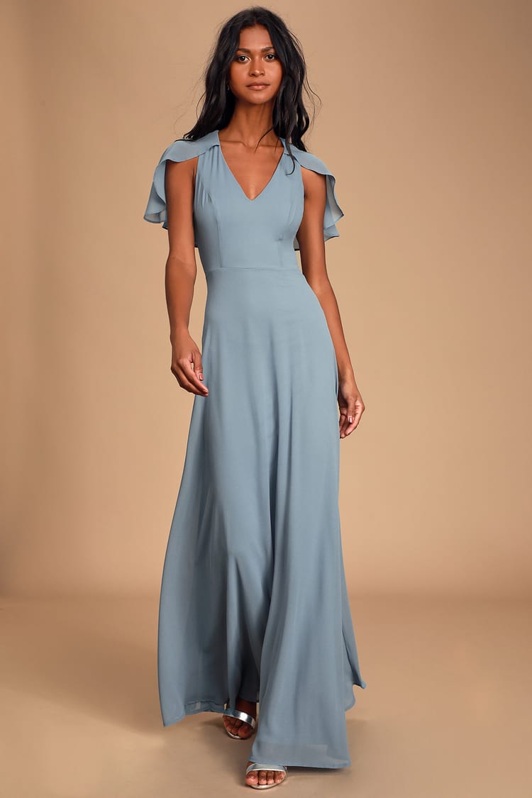 Pretty Slate Blue Dress - Flutter Sleeve Maxi - Chiffon Maxi - Lulus