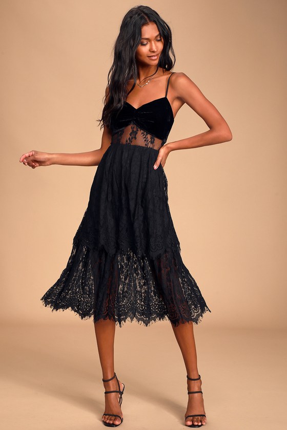 Sexy Black Lace Dress Tiered Midi Dress Lace And Velvet Dress Lulus