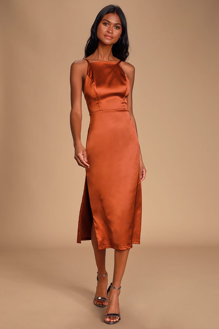 Rust Orange Satin Dress - Backless Satin Dress - Satin Midi Dress - Lulus