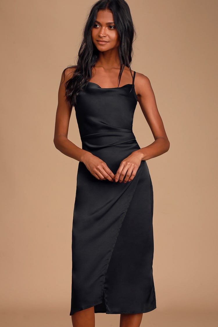 Sleek Black Dress - Satin Dress - Midi Dress - Sleeveless Dress - Lulus