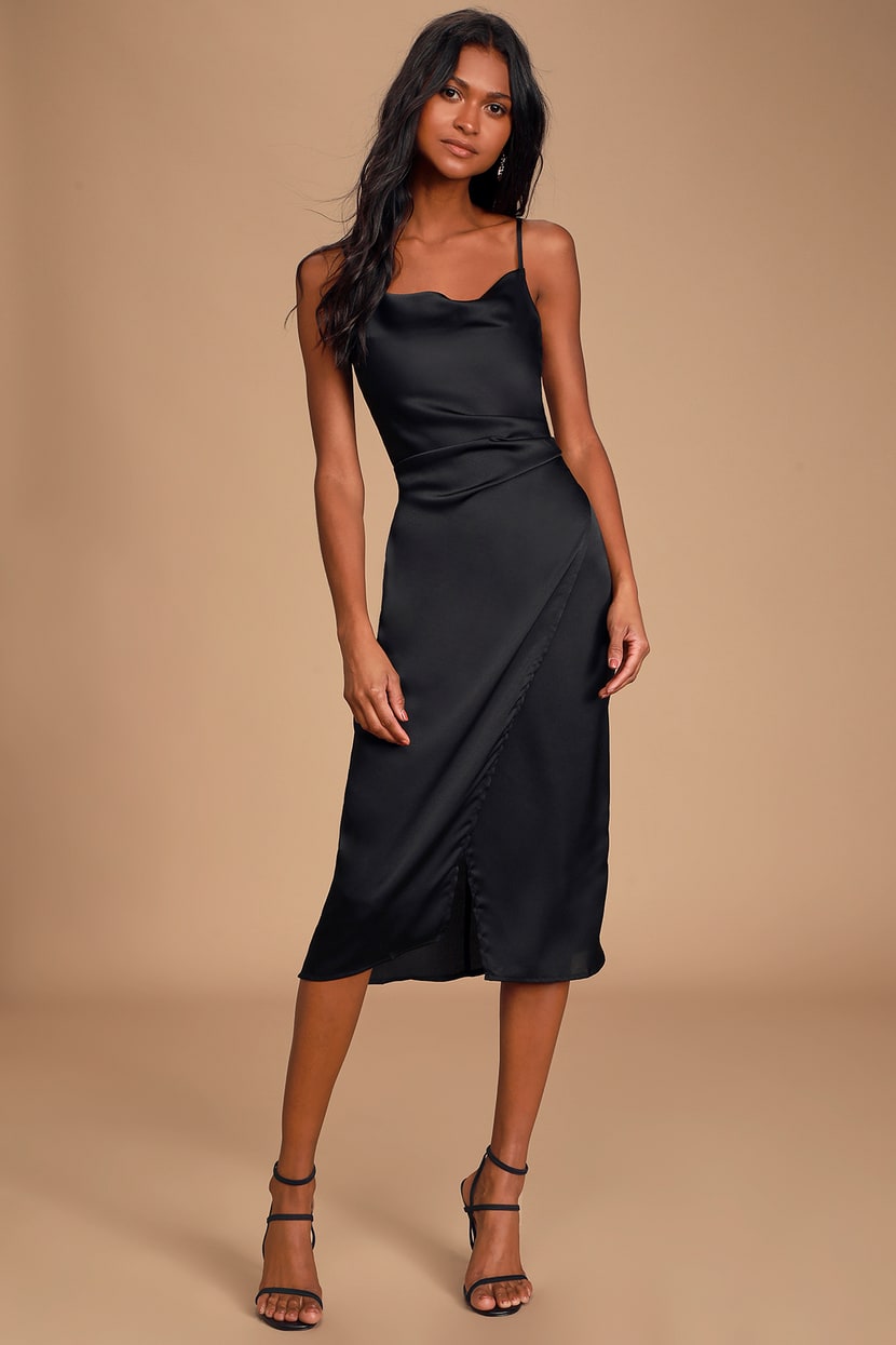 Sleek Black Dress - Satin Dress - Midi Dress - Sleeveless Dress - Lulus