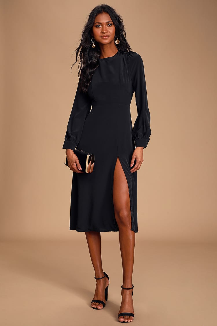 Black Midi Dress - Long Sleeve Dress - Sexy Open Back Dress - Lulus